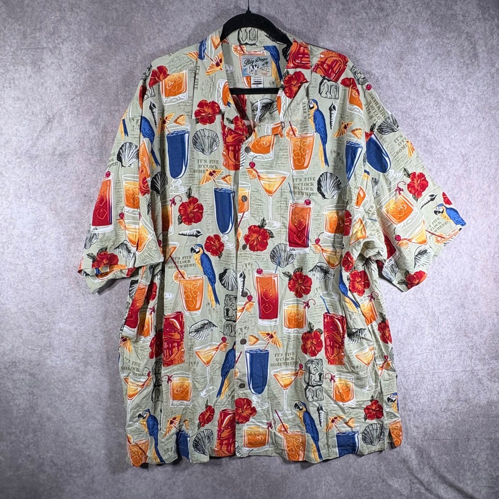 Big Dogs Hawaiian Shirt Mens Size 2X Green Five OClock Somewhere Tiki Drinks NEW